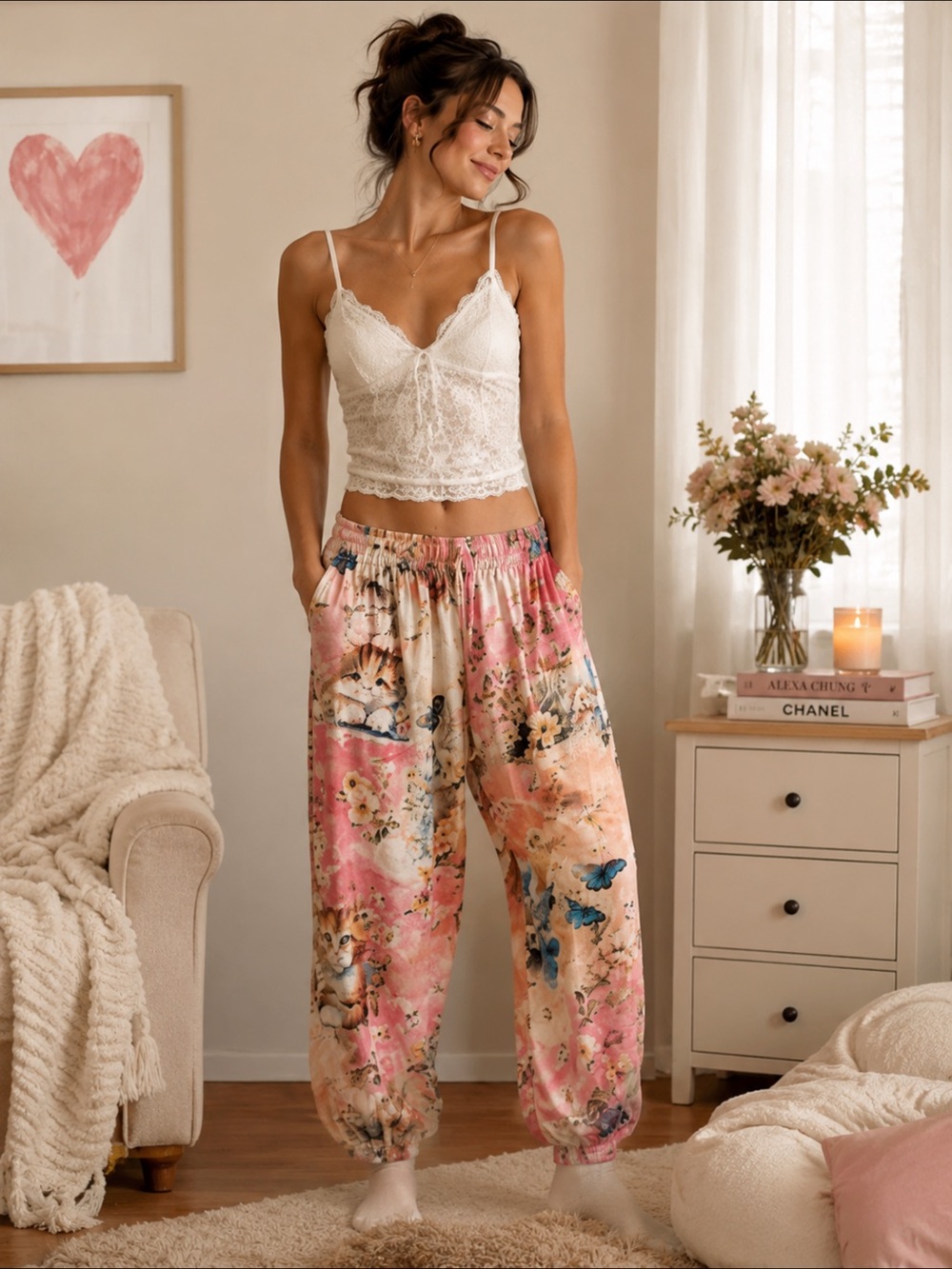 NWOT Kantha Karma Pink Cat and Butterfly Joggers